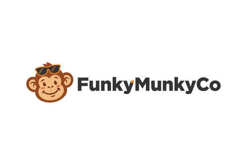 A logo featuring a cartoon monkey face wearing sunglasses next to the text 'FunkyMunkyCo' on a plain white background.